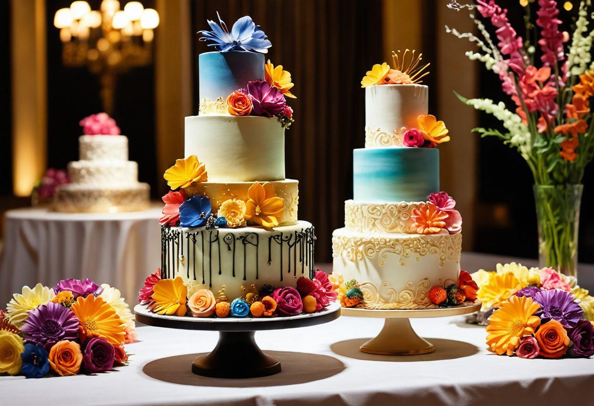 A beautifully decorated cake displayed at an elegant culinary exhibition, surrounded by vibrant flowers and soft lighting, with a backdrop of intricate cake art displays. Incorporate elements of multi-layered cakes, colorful frosting, and artistic pastry tools. Capture the essence of a sweet symphony through the harmonious blend of colors and textures. super-realistic. vibrant colors. soft focus.