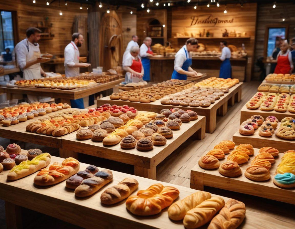 An artistic representation of an open baking exhibition showcasing colorful pastries, innovative baking tools, and joyful bakers interacting with enthusiastic visitors. The atmosphere should be vibrant and lively, with various baked goods displayed elegantly on rustic wooden tables. Include creative, high-tech baking devices in the background and decorations that highlight the theme of innovation in baking. super-realistic. vibrant colors. dynamic composition.