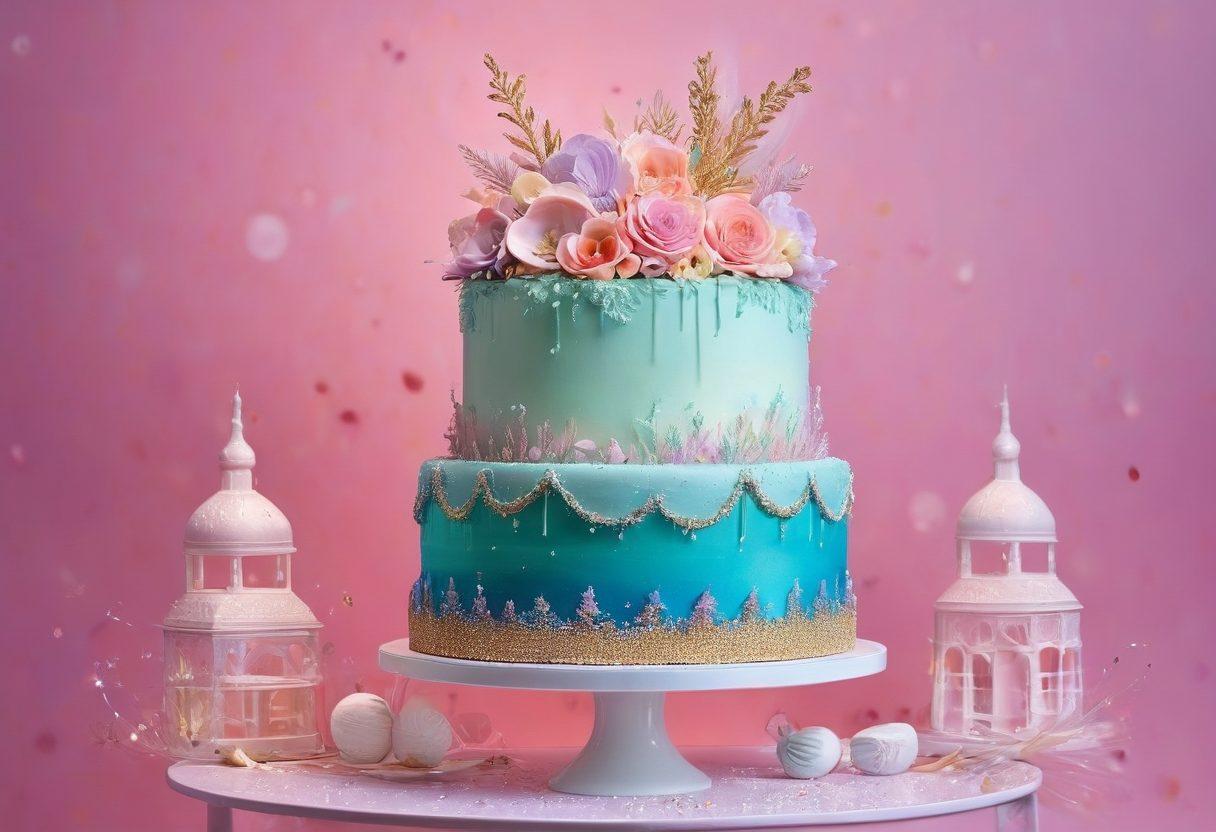 A stunning display of intricately designed cake sculptures, showcasing various styles from whimsical to elegant, surrounded by tools of cake artistry like fondant, piping bags, and edible glitter. The background features a soft pastel color scheme with sparkles to emphasize the magic of cake decoration. A light aura illuminates the scene, highlighting the artistry and transformation involved. surrealistic. vibrant colors. soft focus.